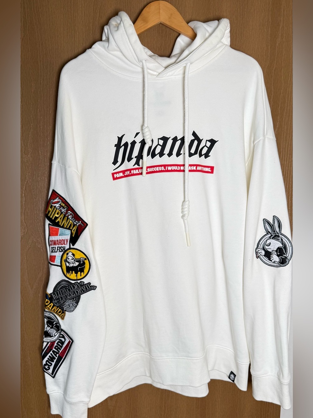 White Graphic Pullover Hoodie with Sleeve Patch Details